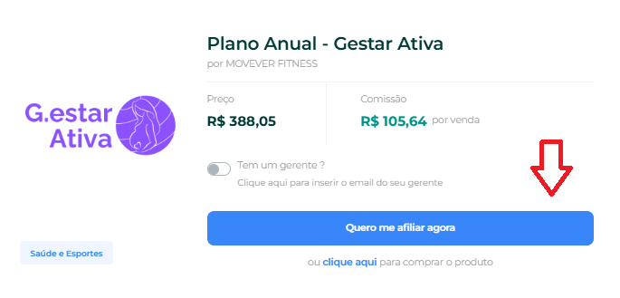 Tela 'Plano Anual – Gestar Ativa' na Greenn com botão 'Quero me afiliar agora'