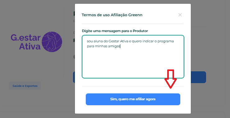 Modal de termos de afiliação Greenn com campo de mensagem para o produtor