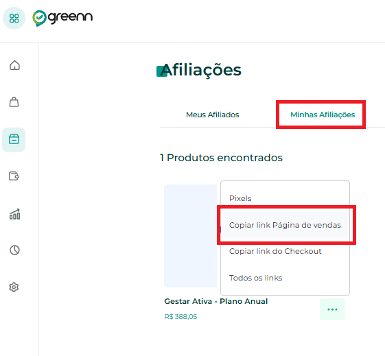 Aba 'Minhas Afiliações' com o produto Gestar Ativa aprovado e link de checkout