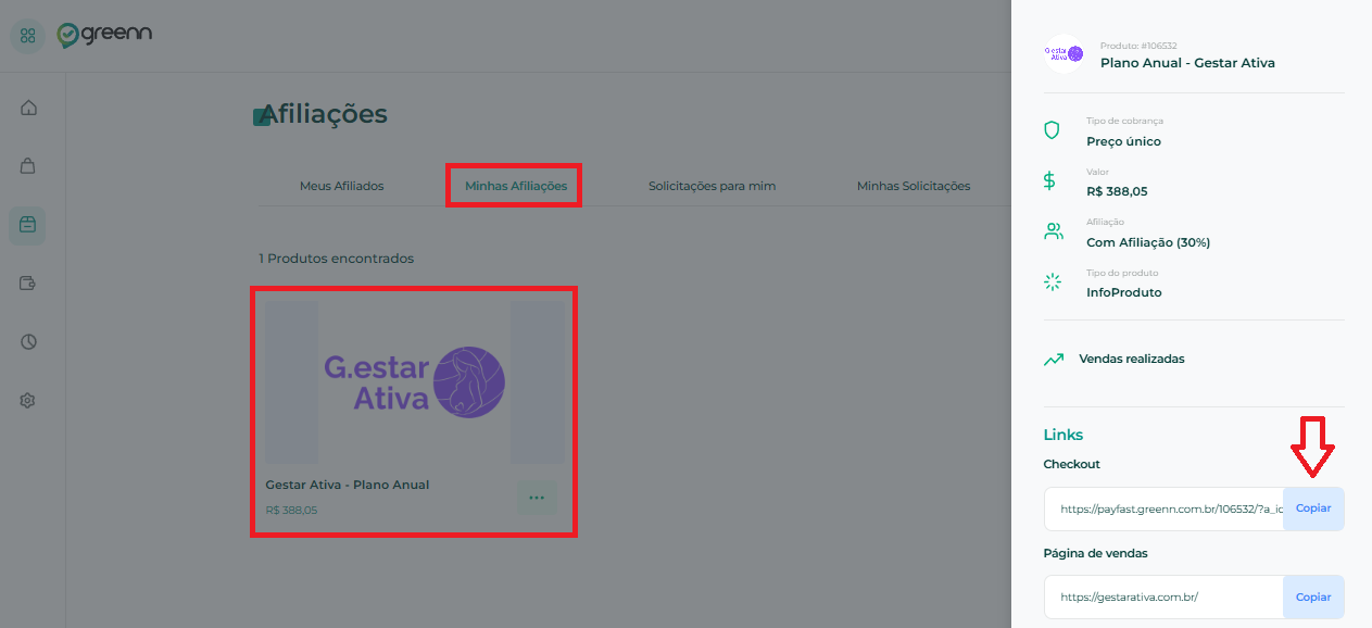 Aba 'Minhas Afiliações' com o produto Gestar Ativa aprovado e link de checkout